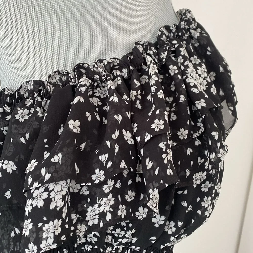 Lulus Floral Black White Ruffled Flounce Midi Dress sz M Sheer Romantic Girly - Picture 12 of 15